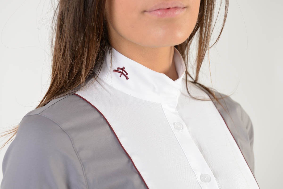 Ladies long sleeve shirt | lady long sleeve shirt | cotton | long sleeves shirt | model GRACE | long sleeves riding shirt | lady riding shirt | riding shirt | ladies riding shirt | comfort of movement | Makebe | clothing | equestrian | riding | technical material | made in Italy | elegance | grey |