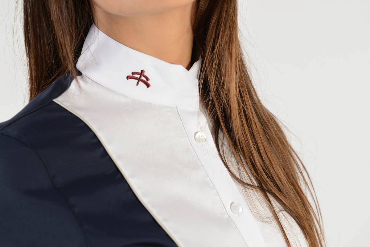 Ladies long sleeve shirt | lady long sleeve shirt | cotton | long sleeves shirt | model GRACE | long sleeves riding shirt | lady riding shirt | riding shirt | ladies riding shirt | comfort of movement | Makebe | clothing | equestrian | riding | technical material | made in Italy | elegance | blue |