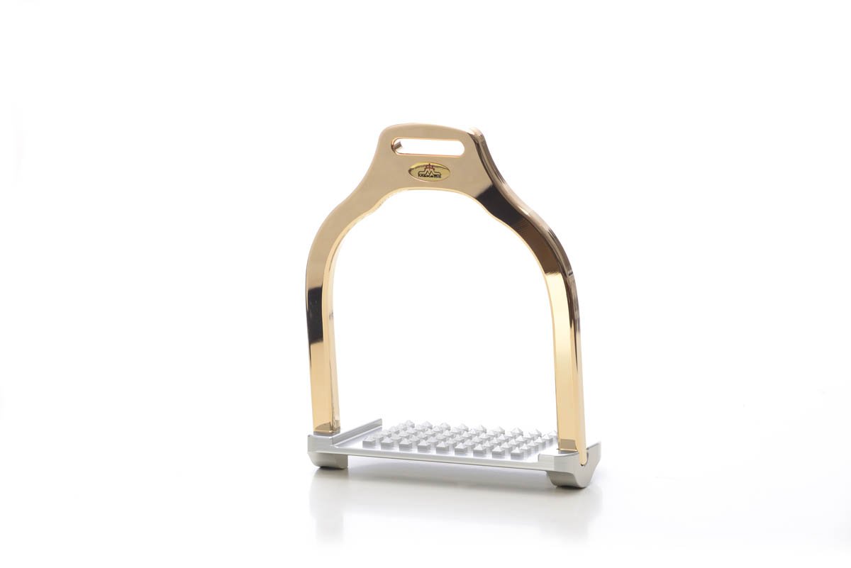 Jump stirrup | wave shape | Makebe | Technical | equestrian | riding | aluminum | inclined bench | easy to clean | innovative grip | Made in Italy | many colors | comfortable | comfort | anodic oxidation | luxy gold