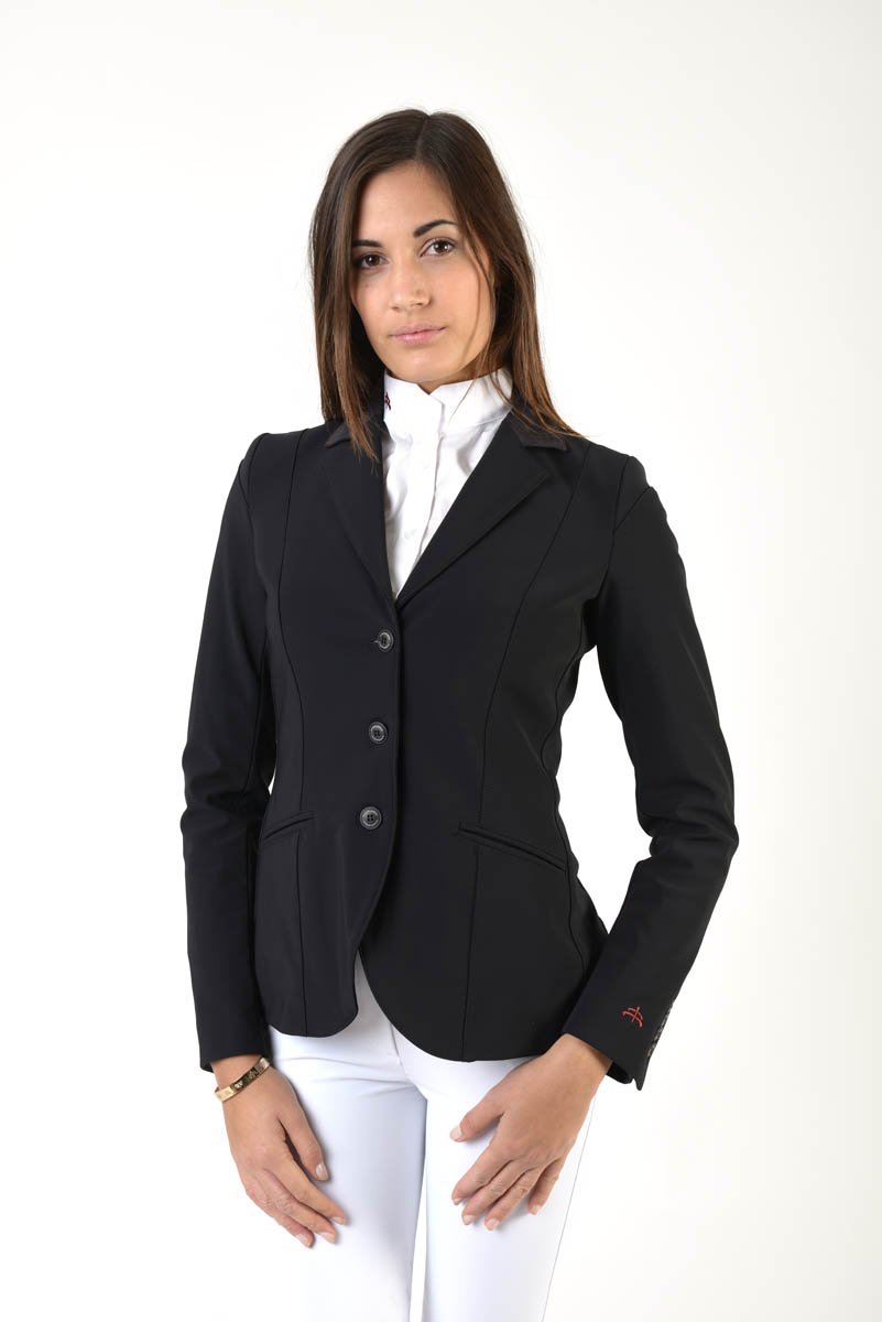 Lady horse riding jacket | model ALTEA | tech fabric | technical materials | technical fabric | riding | equestrian | Makebe | Made in Italy | clothing | jacket | riding jacket | free movememt system | comfort | comfort of movements | elastic materials | riding elastic jacket | elegance | black |