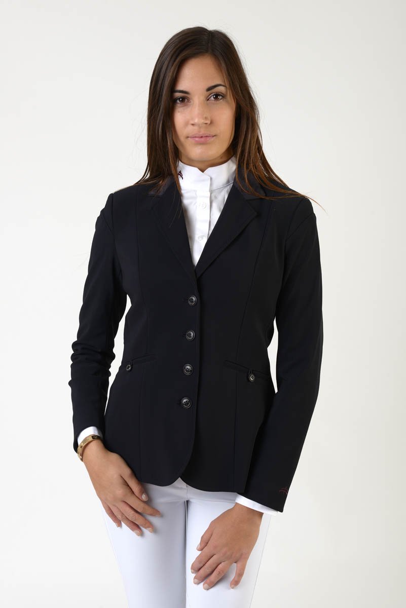 Lady horse riding jacket | model CINDY | tech fabric | technical materials | technical fabric | riding | equestrian | Makebe | Made in Italy | clothing | jacket | riding jacket | free movememt system | comfort | comfort of movements | elastic materials | riding elastic jacket | elegance | black |