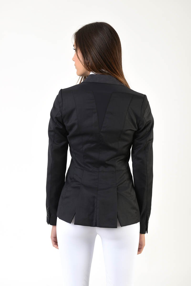 Ladies jacket | lady jacket | free movement system | comfort of movement | Makebe | clothing | equestrian | riding jacket | elegance | made in Italy | model TIFFANY | wool | insert in technical fabric | black |
