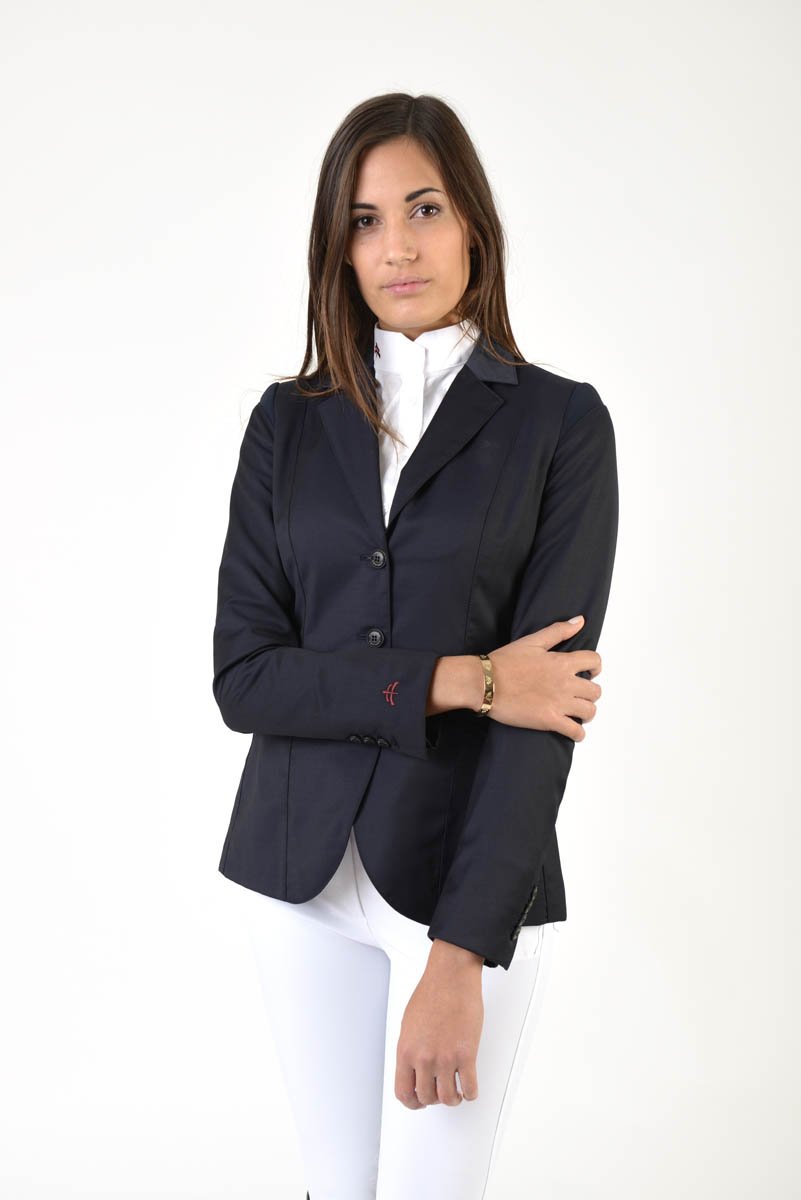 Ladies jacket | lady jacket | free movement system | comfort of movement | Makebe | clothing | equestrian | riding jacket | elegance | made in Italy | model TIFFANY | wool | insert in technical fabric | blue |