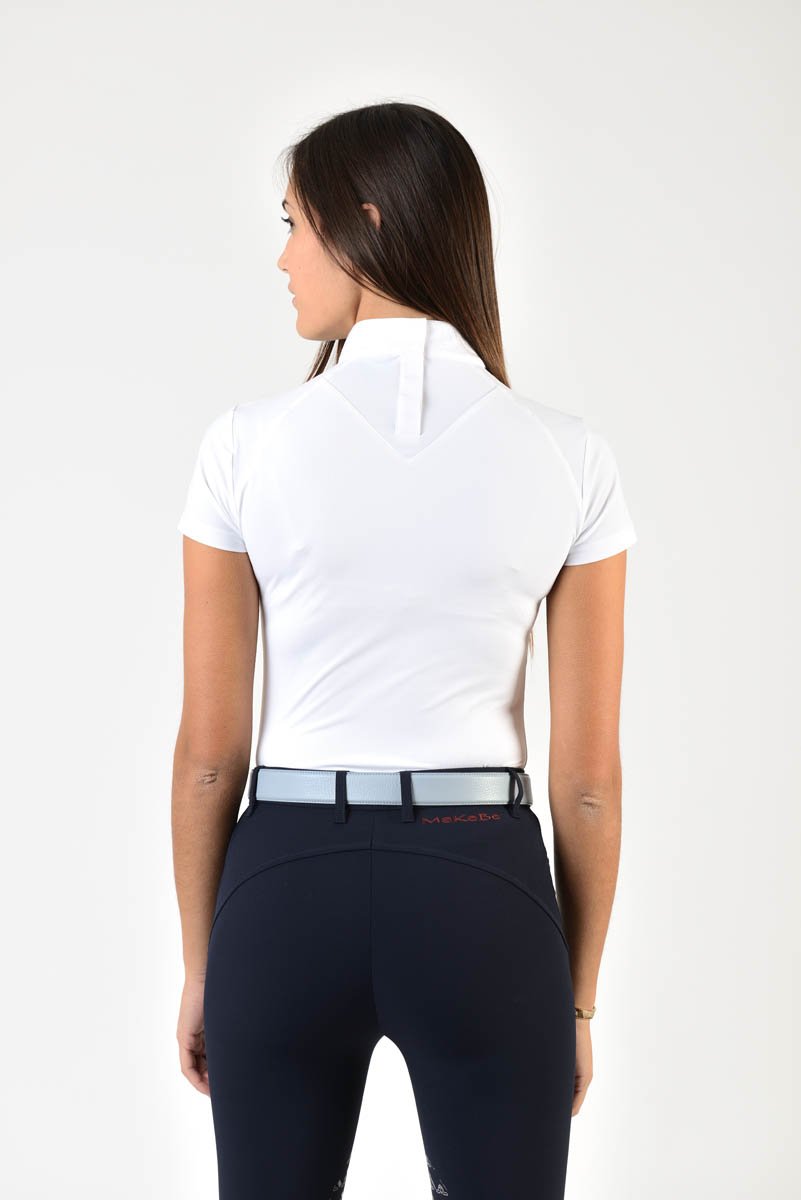 Ladies polo shirt | lady polo shirt | cotton | polo shirt | shirt | model JANE | riding polo | lady polo | lady riding shirt | riding shirt | ladies riding shirt | comfort of movement | Makebe | clothing | equestrian | riding | technical material | made in Italy | elegance | white |