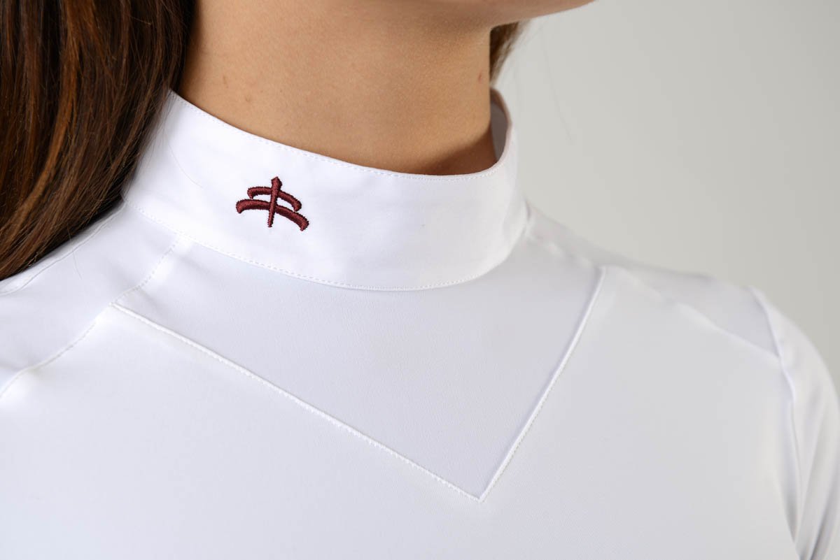 Ladies polo shirt | lady polo shirt | cotton | polo shirt | shirt | model JANE | riding polo | lady polo | lady riding shirt | riding shirt | ladies riding shirt | comfort of movement | Makebe | clothing | equestrian | riding | technical material | made in Italy | elegance | white |