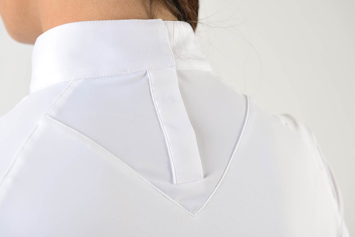 Ladies polo shirt | lady polo shirt | cotton | polo shirt | shirt | model JANE | riding polo | lady polo | lady riding shirt | riding shirt | ladies riding shirt | comfort of movement | Makebe | clothing | equestrian | riding | technical material | made in Italy | elegance | white |