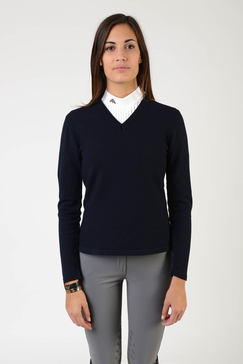 ladies merinos wool sweater | model FEBE | wool | clothing | merinos wool | lady sweater | wool sweater | equestrian | riding | leisure time | Makebe | elegance | made in Italy | blue navy |