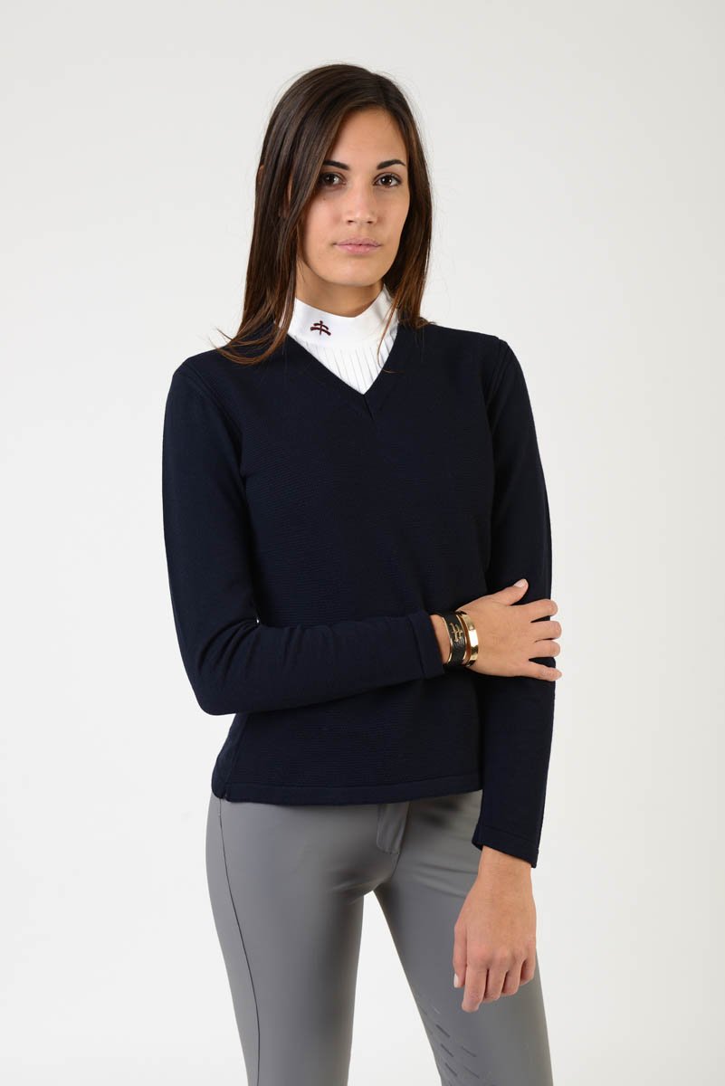 ladies merinos wool sweater | model FEBE | wool | clothing | merinos wool | lady sweater | wool sweater | equestrian | riding | leisure time | Makebe | elegance | made in Italy | blue navy |
