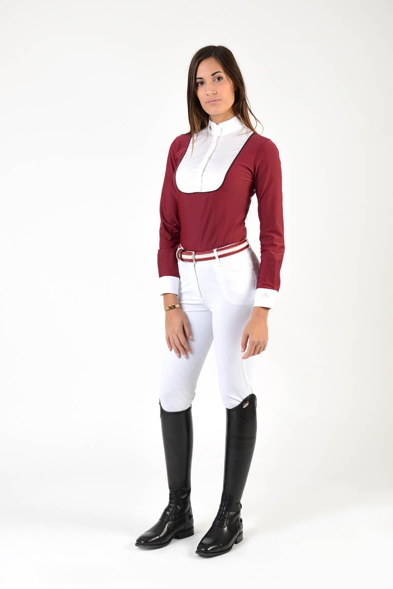 Ladies long sleeve polo shirt | lady long sleeve polo shirt | cotton | long sleeves polo shirt | long sleeves shirt | model ANGEL | long sleeves riding polo | lady polo | lady riding shirt | riding shirt | ladies riding shirt | comfort of movement | Makebe | clothing | equestrian | riding | technical material | made in Italy | elegance | red |