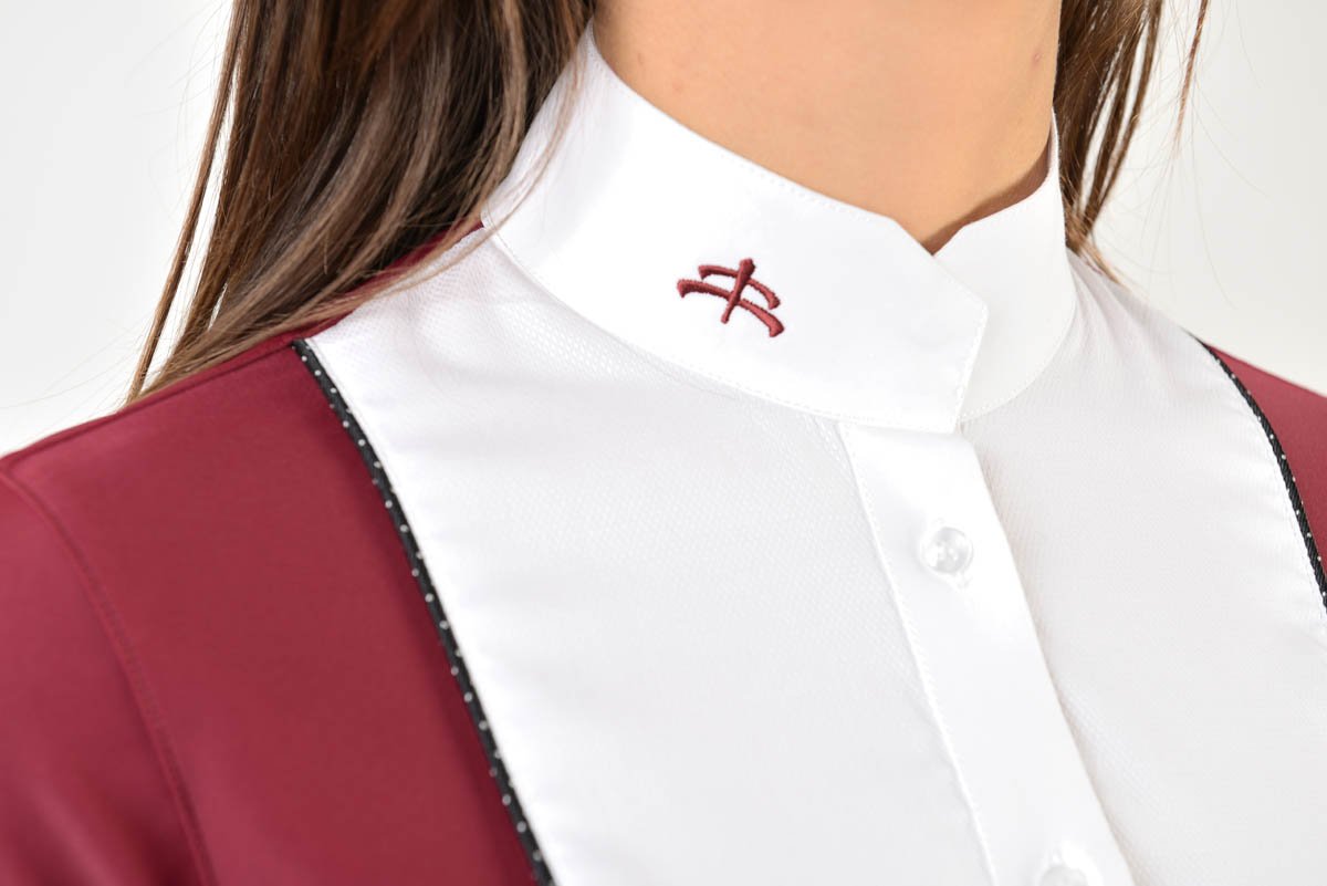Ladies long sleeve polo shirt | lady long sleeve polo shirt | cotton | long sleeves polo shirt | long sleeves shirt | model ANGEL | long sleeves riding polo | lady polo | lady riding shirt | riding shirt | ladies riding shirt | comfort of movement | Makebe | clothing | equestrian | riding | technical material | made in Italy | elegance | red |