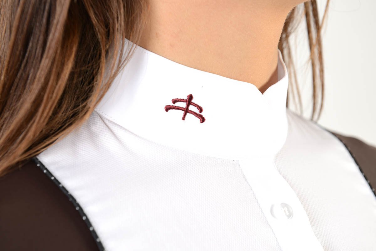 Ladies long sleeve polo shirt | lady long sleeve polo shirt | cotton | long sleeves polo shirt | long sleeves shirt | model ANGEL | long sleeves riding polo | lady polo | lady riding shirt | riding shirt | ladies riding shirt | comfort of movement | Makebe | clothing | equestrian | riding | technical material | made in Italy | elegance | brown |