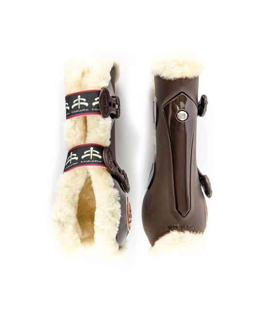 tendon boots | ship skin | tendon boots protection | Makebe | Horse accessories | Technical | riding accessories | equestrian | tendons protection | riding | lycra edging | avoid sores | breathable | neoprene | TPU | protection | ventilation | triple adjustement | elastic straps | central insert interchangeable | brown |